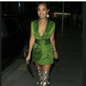 Zara Green Emerald Jewel Tone Satin Collarless Blazer Mini Dress XS